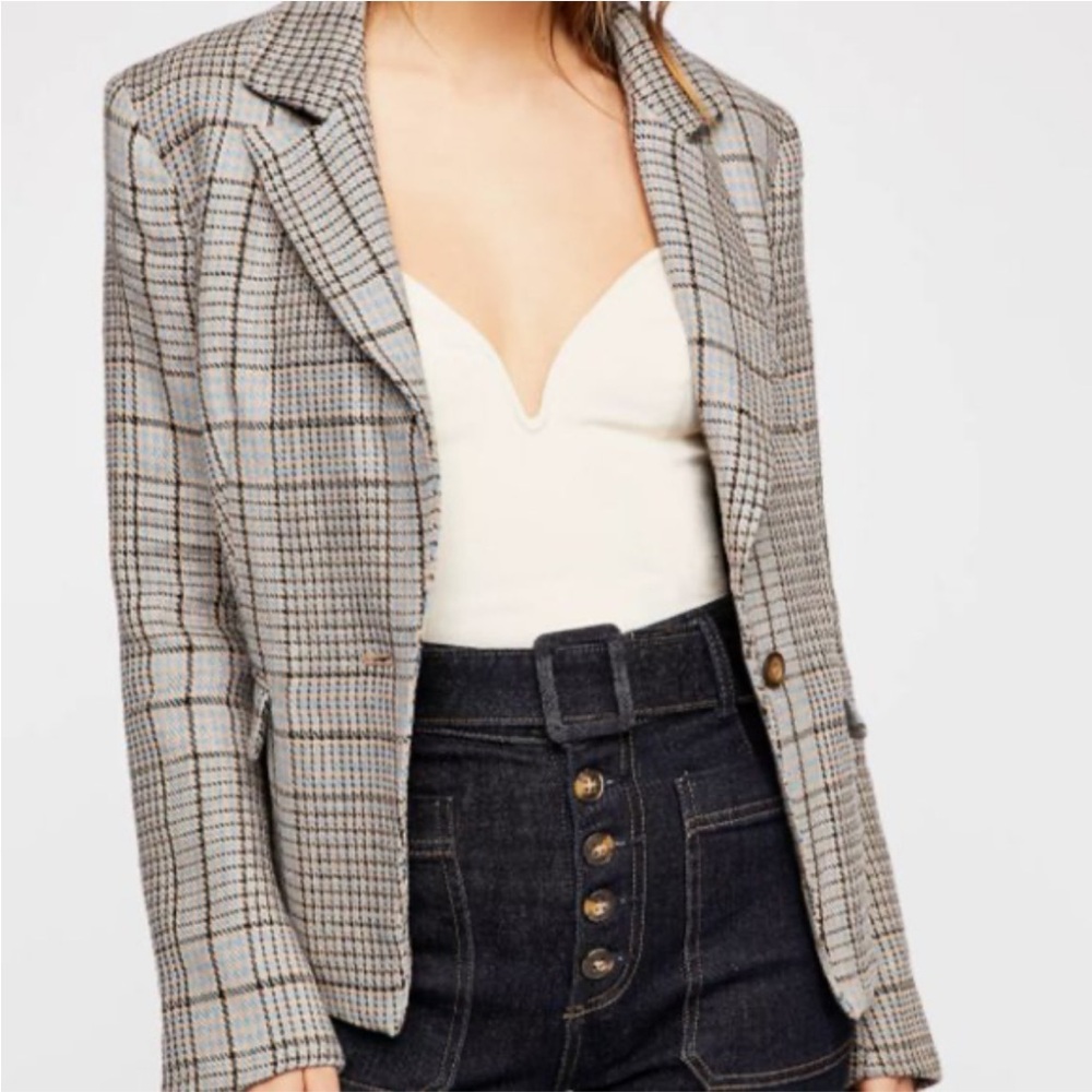 Free People Black and White Plaid Blazer